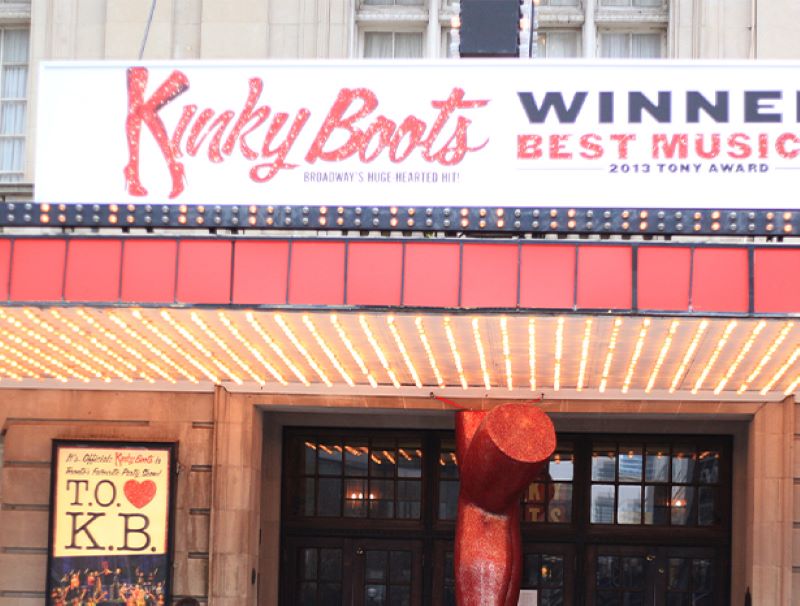 Theatre board showing Kinky Boots film 
