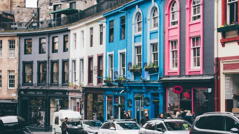 Colourful buildings on Victoria Street, Edinburgh, Scotland