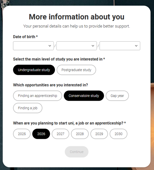 Conservatoires more information about you screenshot
