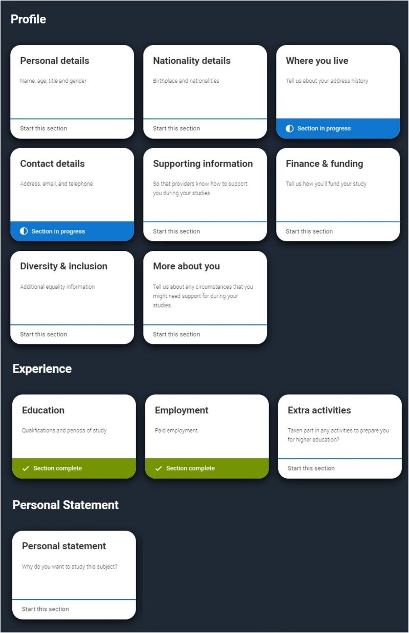 UCAS Hub application sections