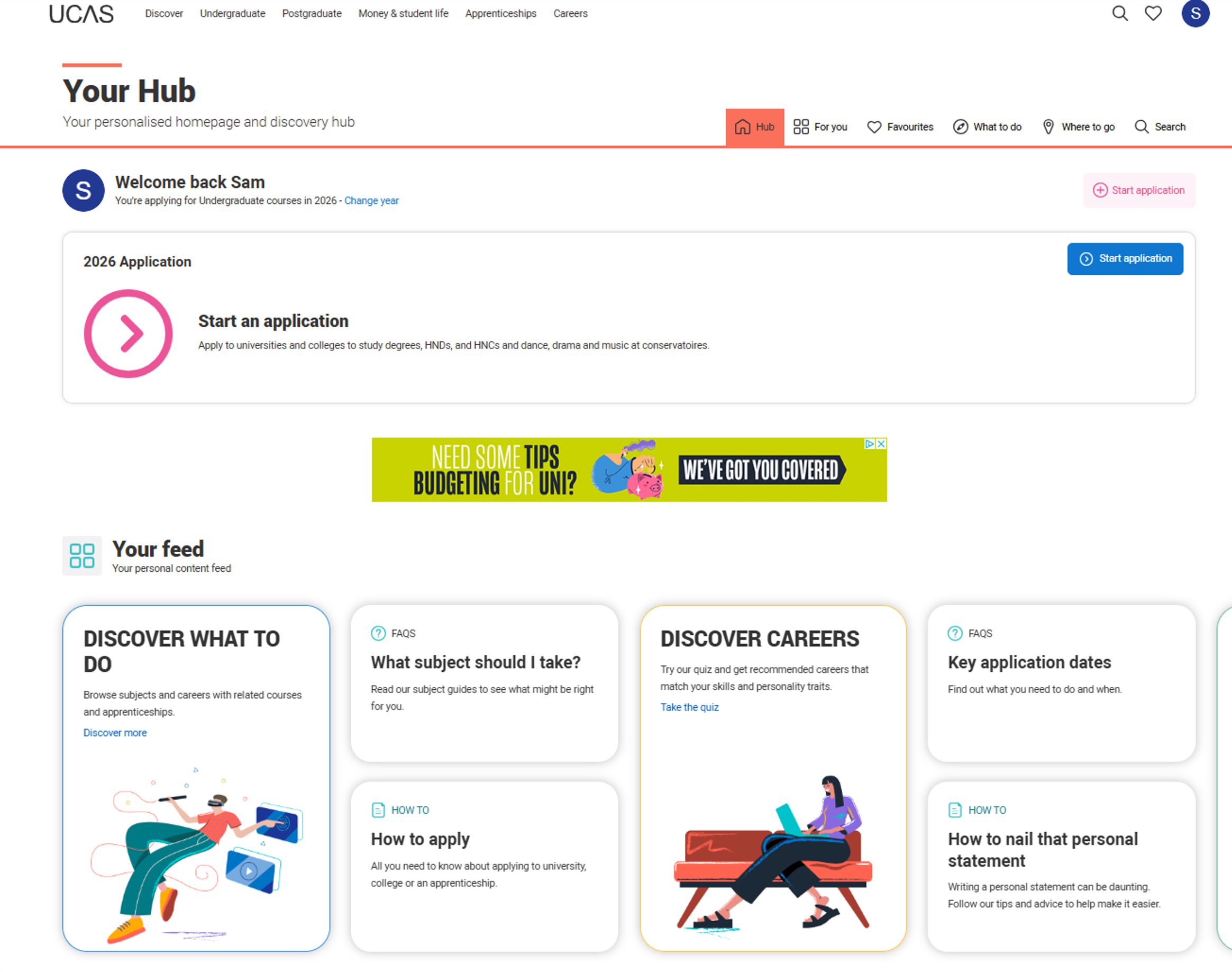 UCAS Hub start application screenshot