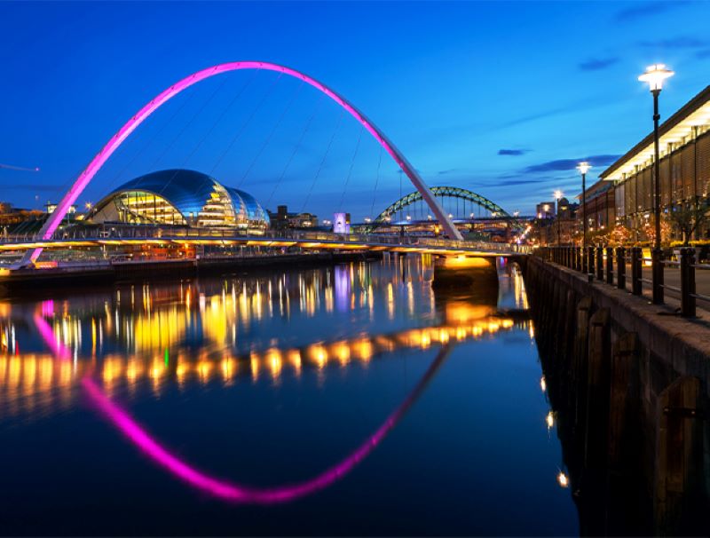 Newcastle Quayside lit up at night