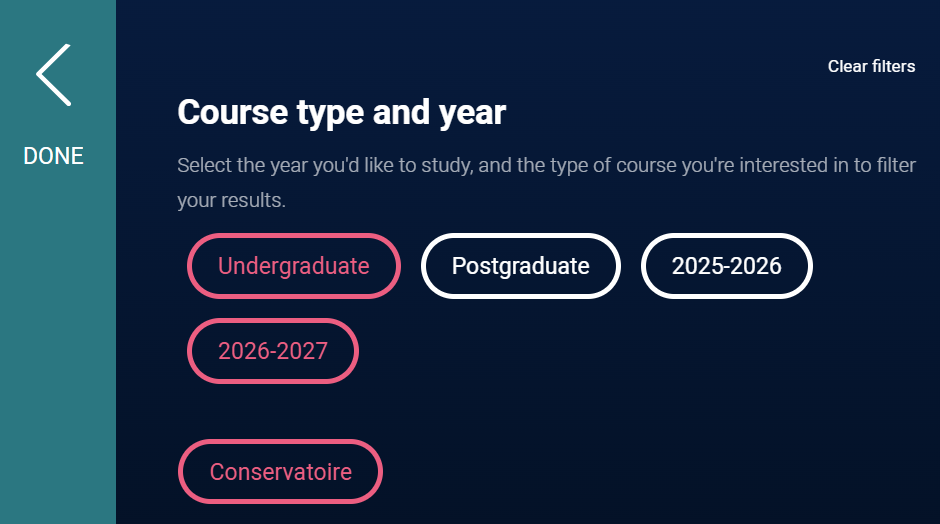 Screenshot of conservatoires filter in the UCAS search tool