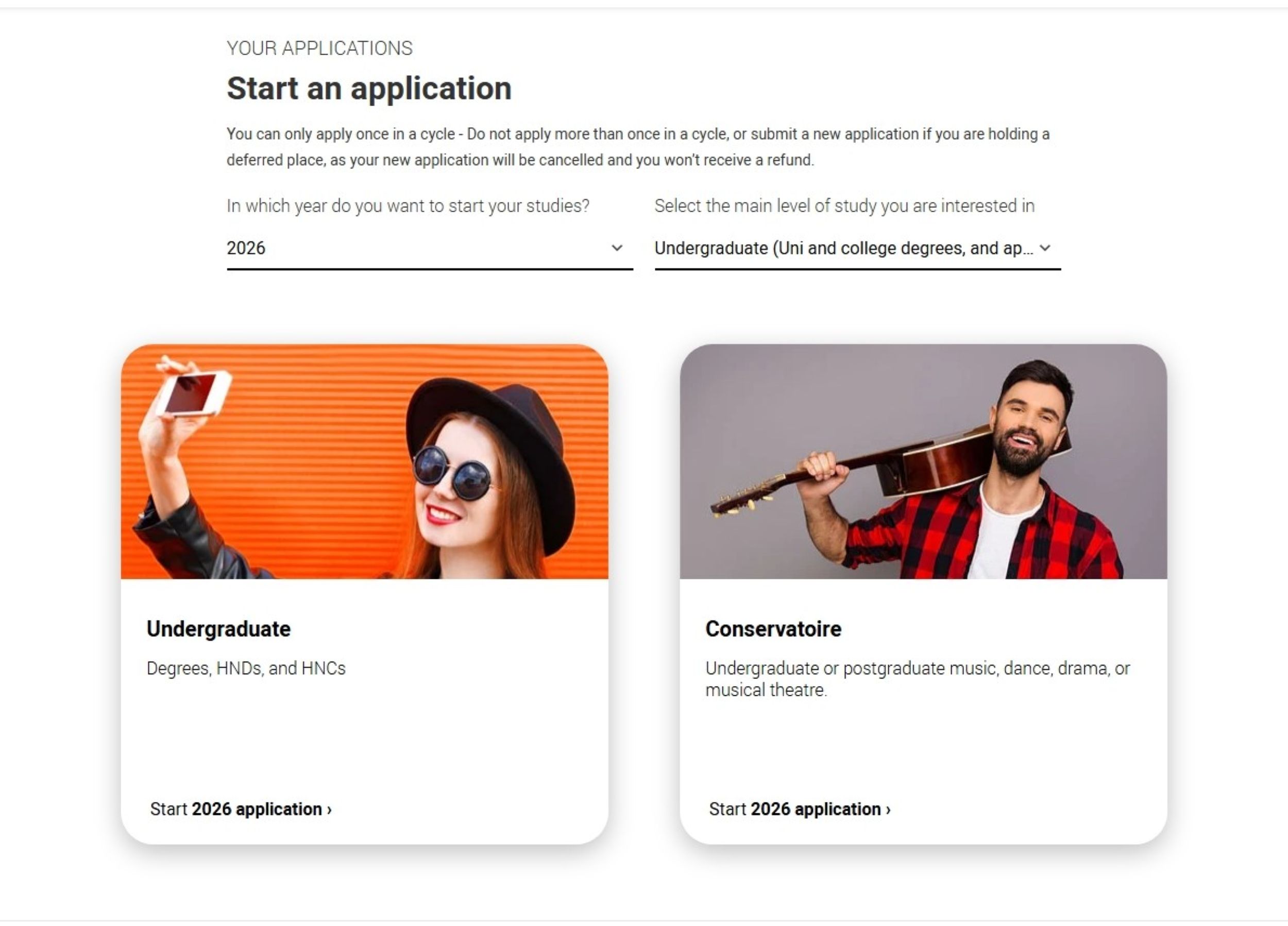 Screenshot of UCAS Hub start application screen