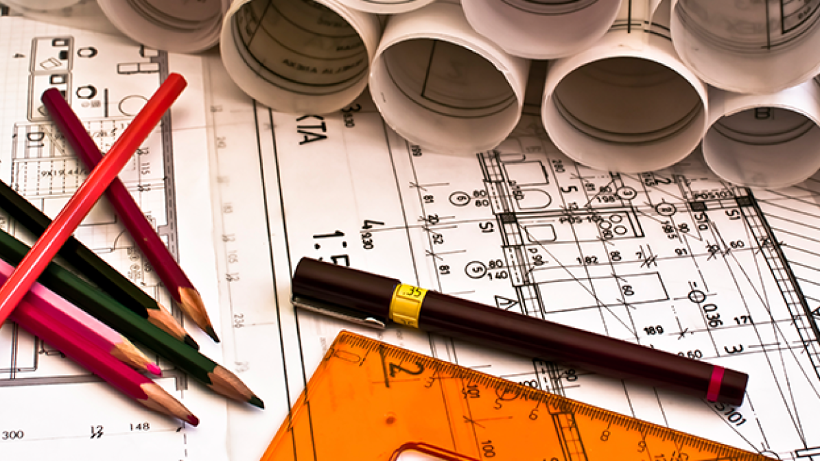 Collection of pens and blueprints