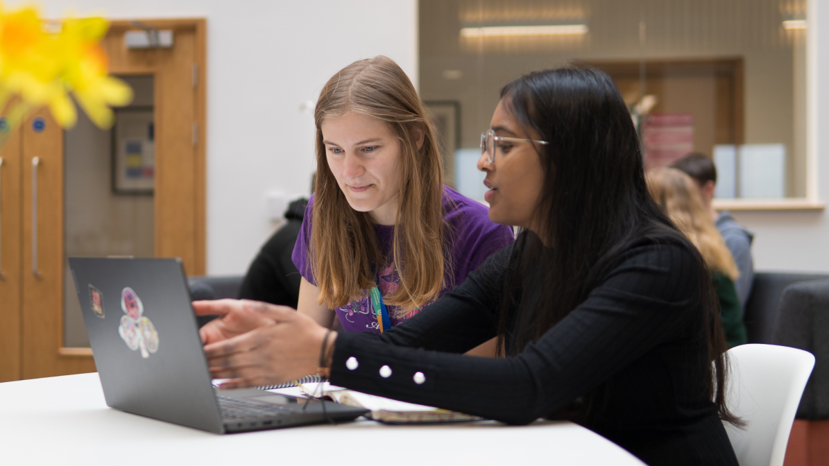 A pair of students sat working at a laptop