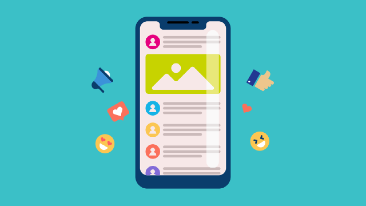 Graphic of mobile phone and social media emojis