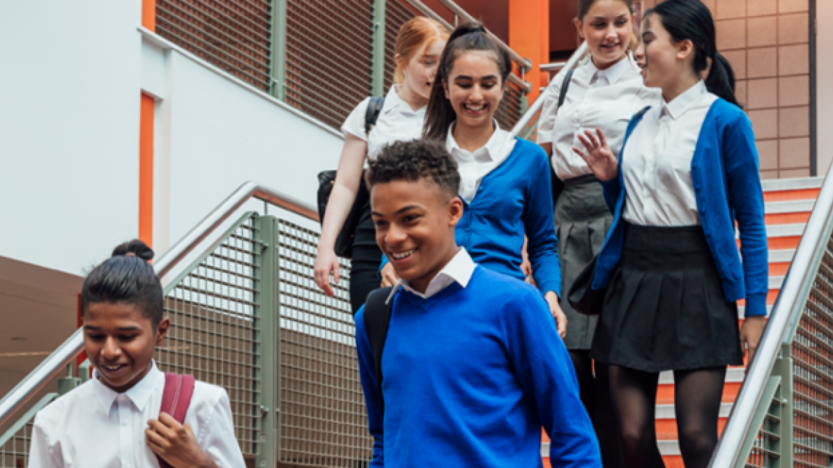 Schoolchildren walking down staircase 
