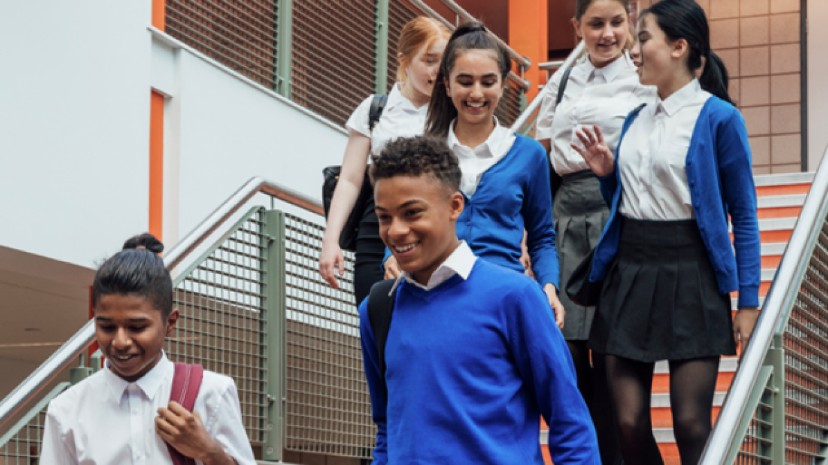 Schoolchildren walking down staircase
