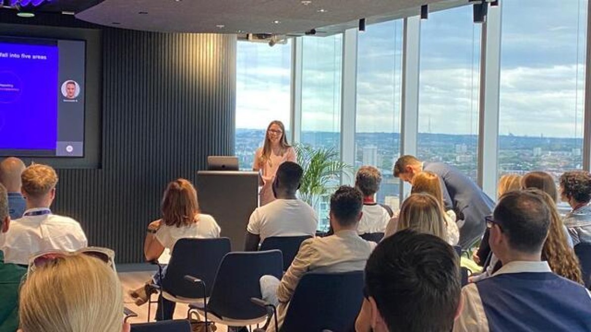 Rosie Brown, Chartered Management Degree Apprentice at BT giving a presentation