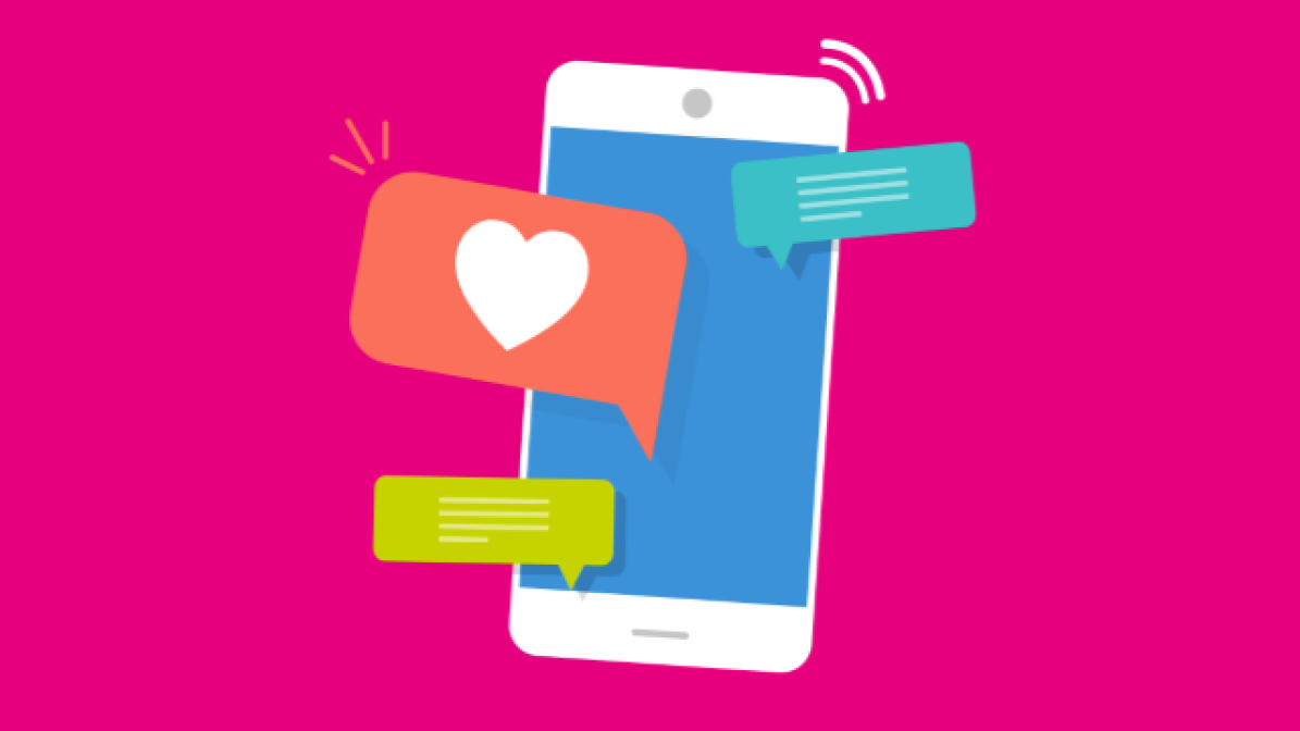 Graphic of mobile phone, messages and a heart emoji