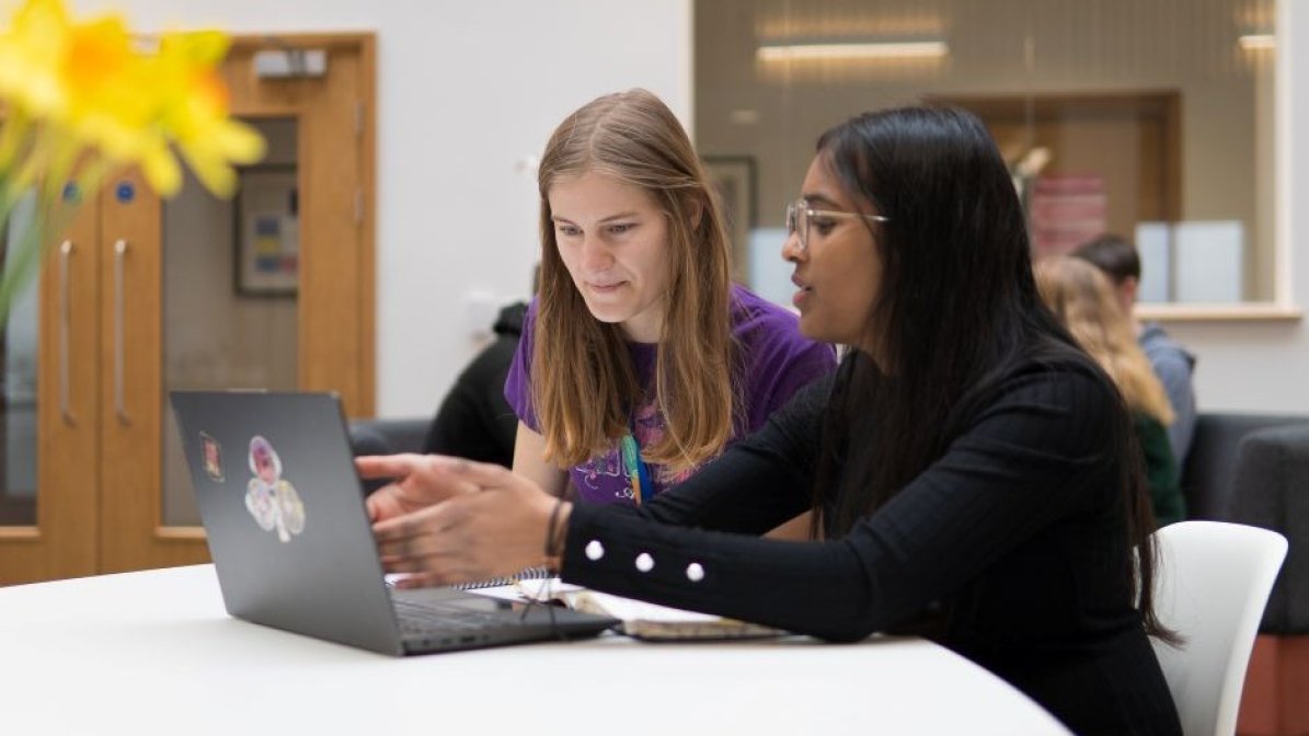 Adviser supporting student with research on laptop
