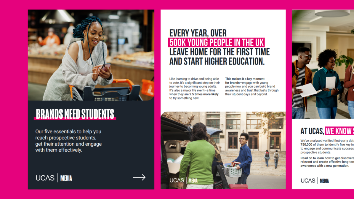 Three preview screenshots from a UCAS Media whitepaper showcasing insights and strategies for brand engagement with student audiences.