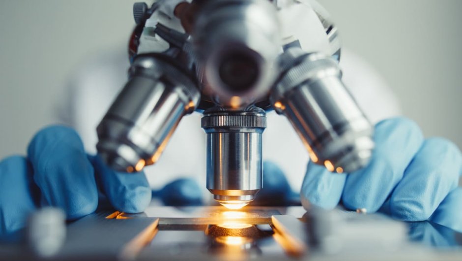 Close-up of biomedical scientist's hands using microscope