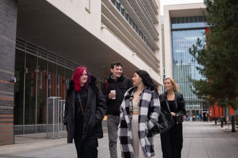 Group of students walking on campus 